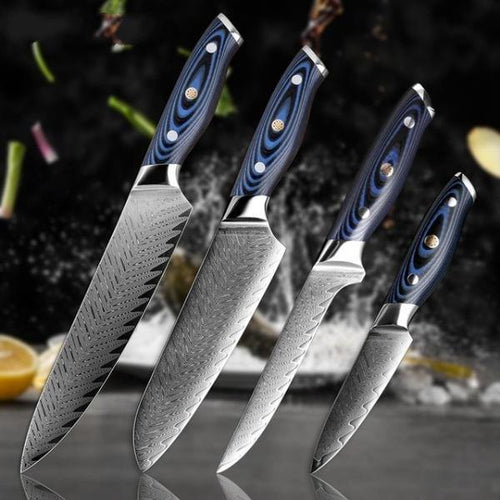 Damascus Pattern Professional Sharp Stainless Steel Knives - Dark Blue - Kitchen Altitude