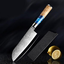 Load image into Gallery viewer, Damascus Knives with Blue Resin Color Wood Handle Chef Knife - Kitchen Altitude
