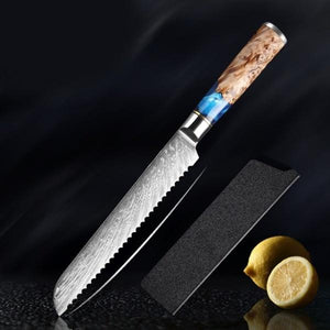 Damascus Knives with Blue Resin Color Wood Handle Chef Knife - Kitchen Altitude