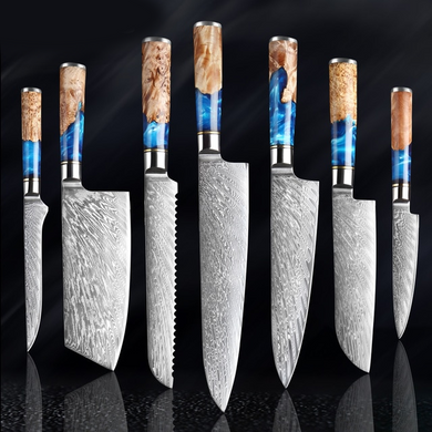 Damascus Knives with Blue Resin Color Wood Handle Chef Knife - Kitchen Altitude