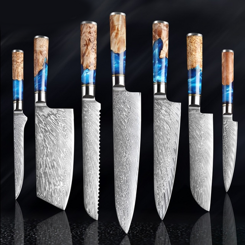 Damascus Knives with Blue Resin Color Wood Handle Chef Knife - Kitchen Altitude