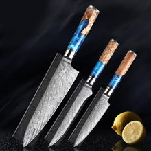 Load image into Gallery viewer, Damascus Knives with Blue Resin Color Wood Handle Chef Knife - Kitchen Altitude

