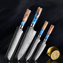 Load image into Gallery viewer, Damascus Knives with Blue Resin Color Wood Handle Chef Knife - Kitchen Altitude
