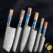 Load image into Gallery viewer, Damascus Knives with Blue Resin Color Wood Handle Chef Knife - Kitchen Altitude
