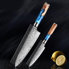 Load image into Gallery viewer, Damascus Knives with Blue Resin Color Wood Handle Chef Knife - Kitchen Altitude
