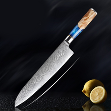Load image into Gallery viewer, Damascus Knives with Blue Resin Color Wood Handle Chef Knife - Kitchen Altitude
