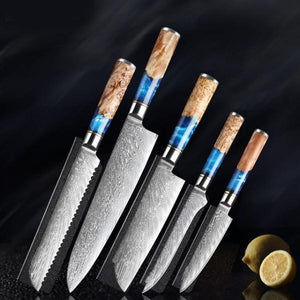 Damascus Knives with Blue Resin Color Wood Handle Chef Knife - Kitchen Altitude