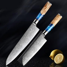 Load image into Gallery viewer, Damascus Knives with Blue Resin Color Wood Handle Chef Knife - Kitchen Altitude
